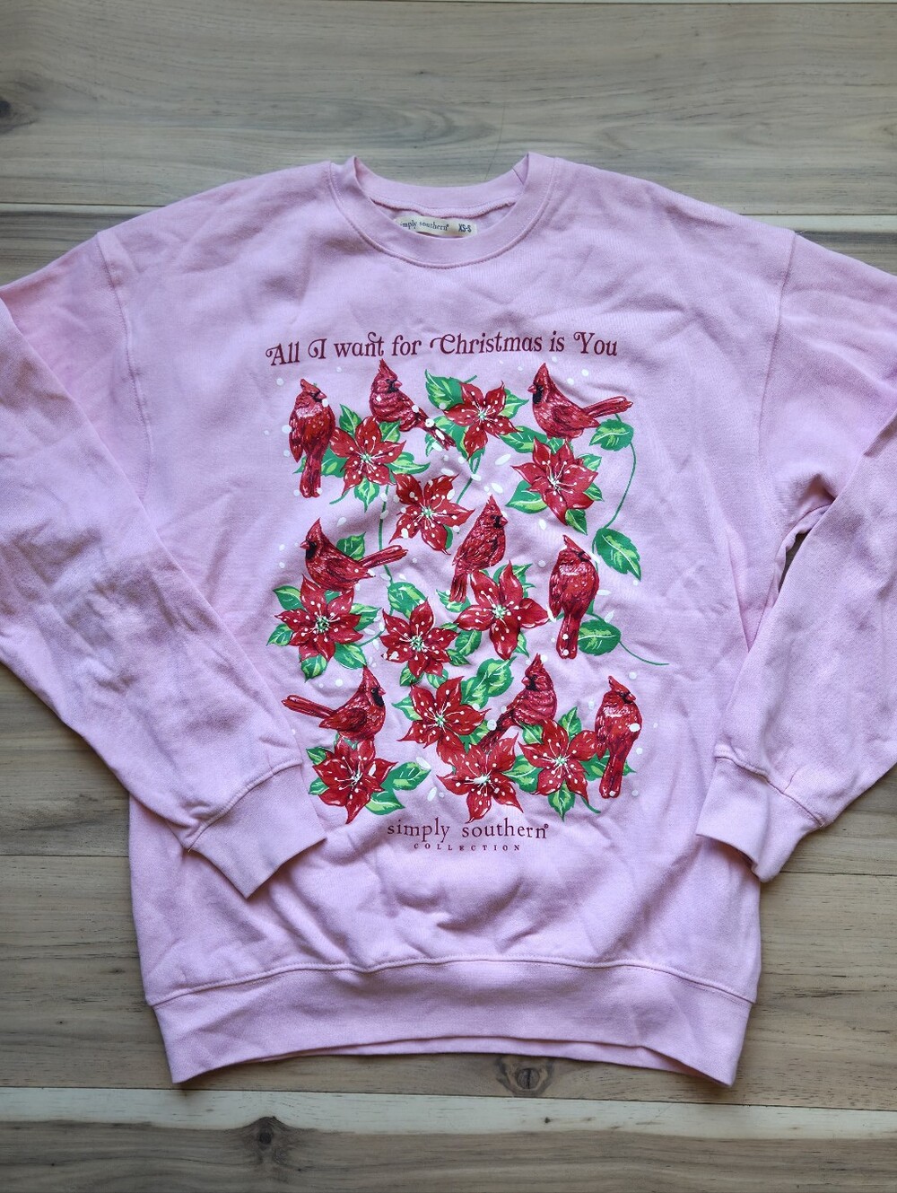Simply Southern Pink Christmas Sweatshirt Cardinals Poinsettia Sz XS-S